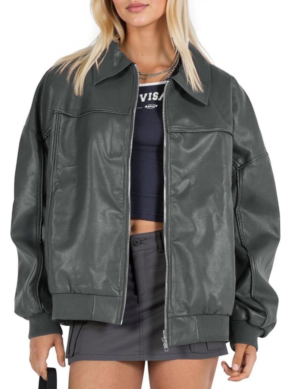 Women's Grey Green Faux Leather Oversized Moto Biker Bomber Jacket ZIP Up Coat